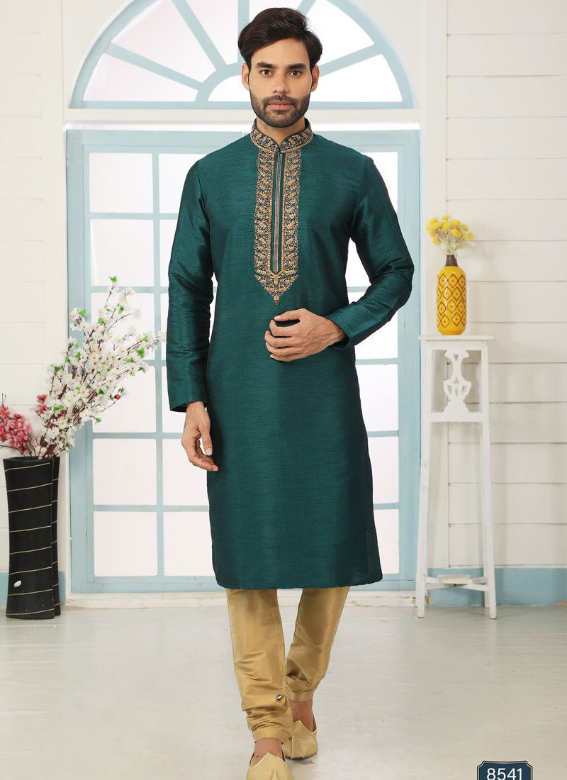 Teal Green New Party And Function Wear Traditional Art Banarasi Silk Kurta Churidar Pajama Redymade Collection 1036-8541